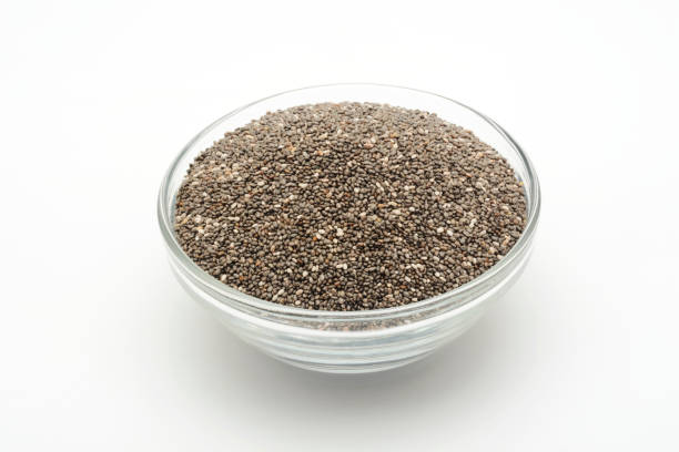 istock Chia in a glass bowl on white background 1429087030