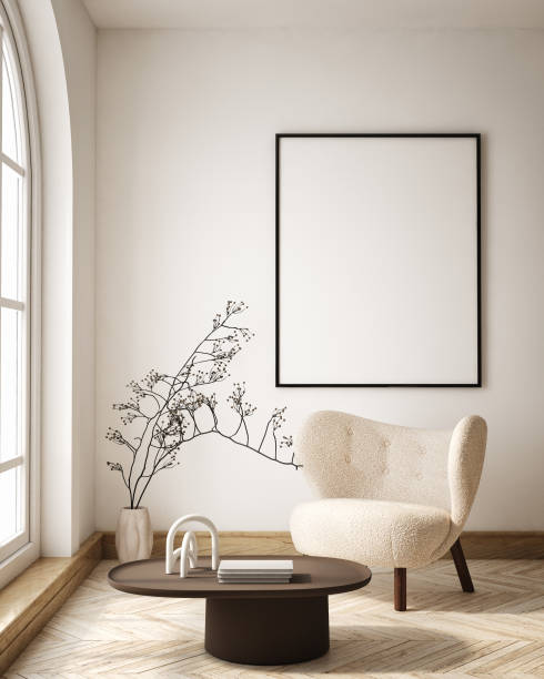 maqueta del marco del póster en fondo interior moderno, sala de estar, estilo escandinavo, renderizado 3d, ilustración 3d - 1825 fotografías e imágenes de stock