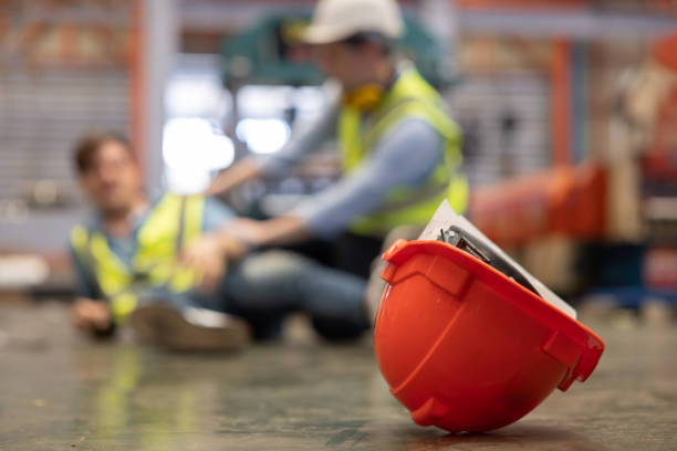 istock Close Up on Red Hard Hat with Blurred Injured Factory Workers as a Background 1429088794