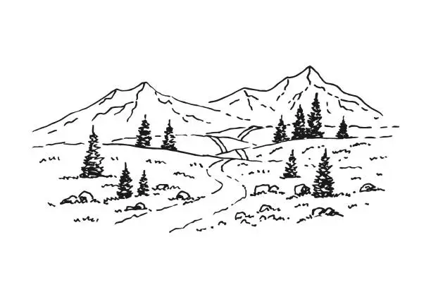 Vector illustration of Mountains road. Landscape. Hand drawn rocky peaks in sketch style. Vector illustration