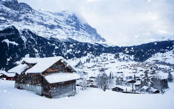 The viewpoint of the Alps Mountains in winter ,Grindelwald Switzerland. Swiss ski Alpine mountain resort with famous Eiger, Monch and Jungfrau mountain, Grindelwald, Berner Oberland,