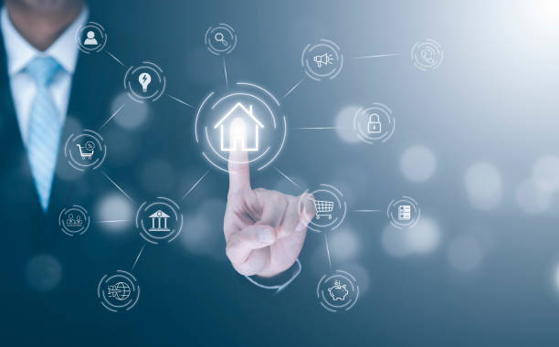 istock Businessman touch button Circular futuristic interface of smart home automation assistant on a virtual screen and a user touching a home button, digital big data and virtual technology, 1429095442