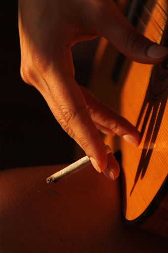 closeup of hands playing a classical guitar