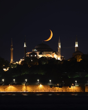 As the moon sets from the Hagia Sophia mosque.