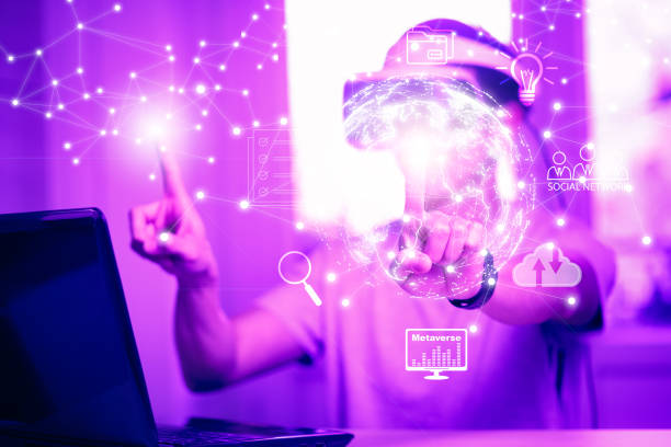 istock Man wearing VR glasses virtual Global Internet connection metaverse networking, sharing download and upload,online documentation database and process automation to efficiently manage files technology. 1429098787
