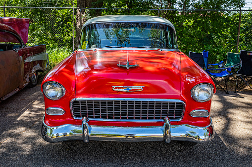 Falcon Heights, MN - June 18, 2022: High perspective front view of a 1955 Chevrolet BelAir Hardtop Coupe at a local car show.