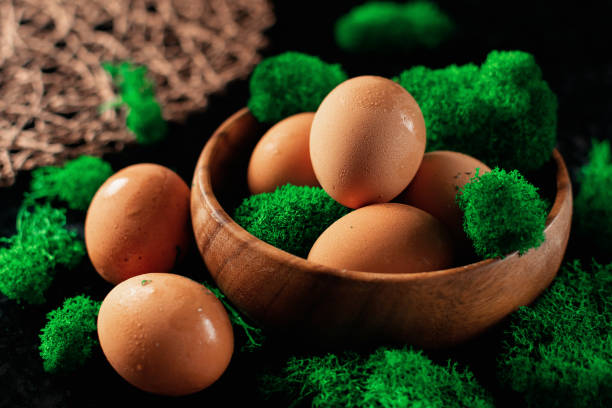 Chicken eggs in a wooden plate, there is a lot of natural green moss around, a homemade village product, fine water condensation on the eggs due to temperature changes stock photo