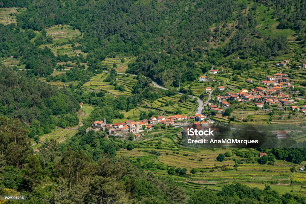 Viewpoint of the Terraces (Miradouro dos Socalcos), overlooking the Agricultural terraces (famous Tibete style landscape view), Porta Cova place, Sistelo, Arcos de Valdevez, Portugal. Aerial View Stock Photo