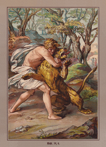 Samson's fight with the lion (Judges 14, 6). Chromolithograph after a drawing by Julius Schnorr von Carolsfeld (German painter, 1794 - 1872), published in 1900.