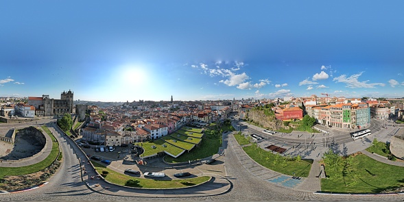 Oporto, Portugal - 03.05.2022: 360-degree panoramic Aerial view of Porto city center square with Cathedral (Se do Porto) at sunny day, Historic building of oldtown, Portugalgal