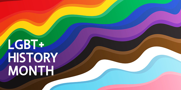 LGBT+ History Month greeting card. Freedom rainbow flag and text.