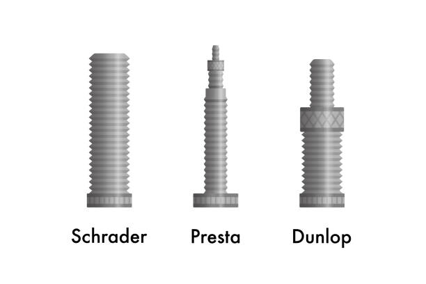 типы клапанов велосипедных шин. шредер, преста и данлоп. - bicycle bicycle pump inflating tire stock illustrations