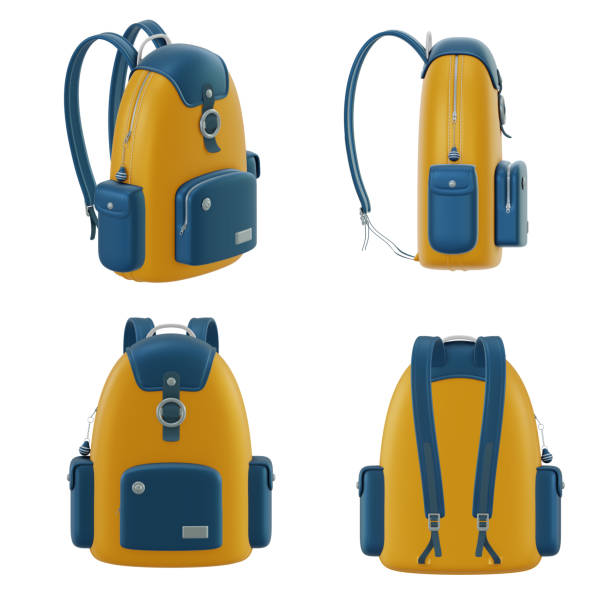 istock Cartoon children school bag. Backpack model, vibrant colors. 3D rendering, various projections. 1429117465