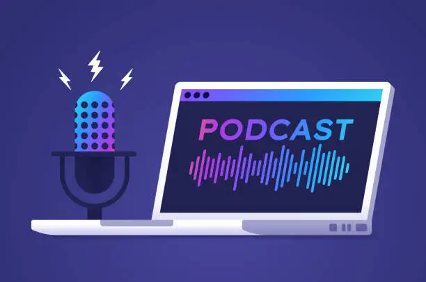 Vector illustration of Podcast Recording Broadcast Laptop and Microphone