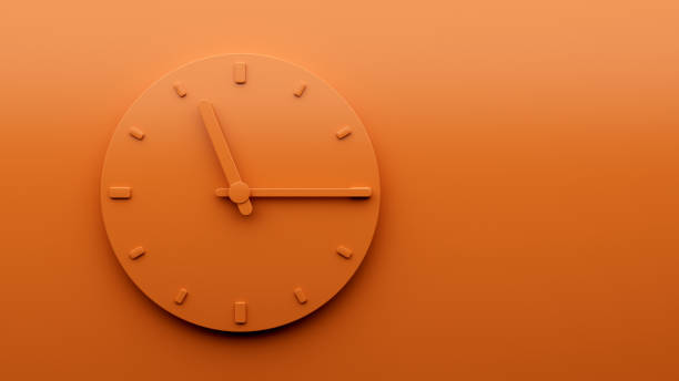 istock Minimal Orange clock 11:15 quarter past Eleven o'clock abstract Minimalist wall clock 23:15 or Eleven fifteen 3d Illustration 1429118920