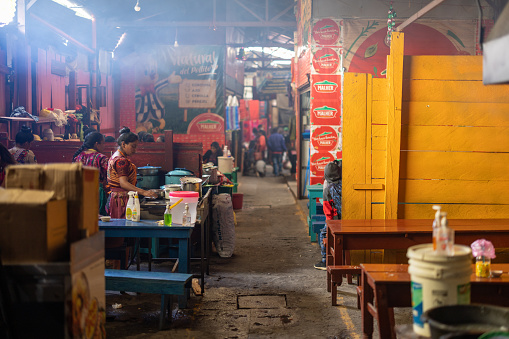 Traditional restaurant before peak hours at the market in Chichicastenango, Guatemala