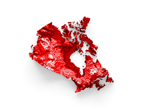 Canada map with the flag Colors Red and yellow Shaded relief map 3d illustration\nSource Map Data: tangrams.github.io/heightmapper/,\nSoftware Cinema 4d