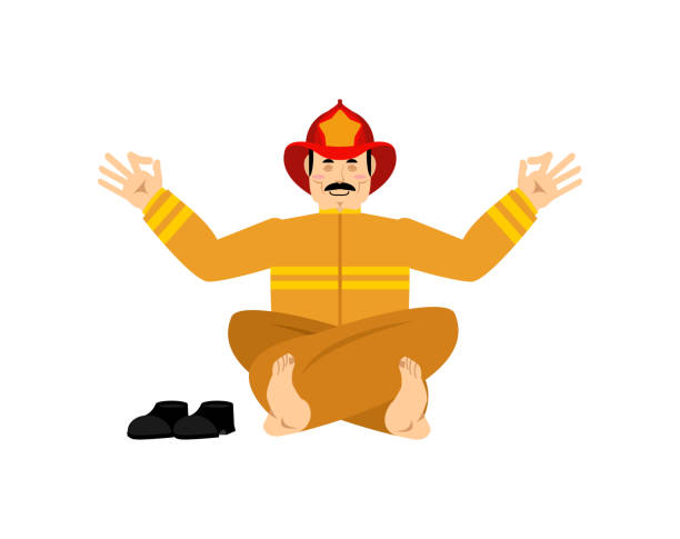 Firefighter yoga. Fireman yogi isolated. man Relaxation and meditation. vector art illustration