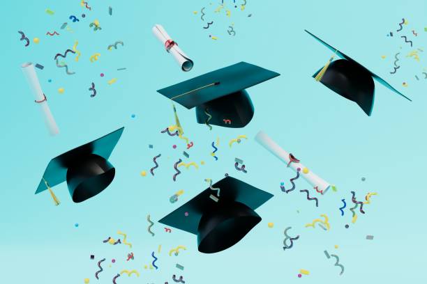 istock completed higher education. hats and master's diplomas flying with confetti. 3d render 1429125056
