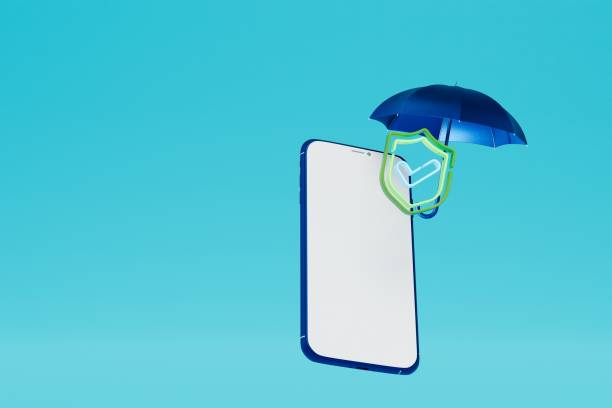 istock virus protection. smartphone, protective umbrella and antivirus icon on blue background. copy paste. 3d render 1429125395