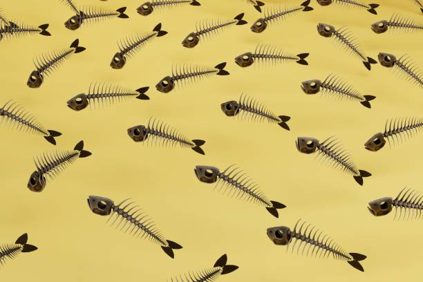 abstract background consisting of patterns of fish skeletons on a yellow background. 3d render.