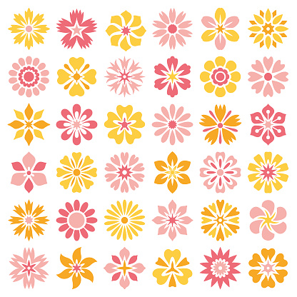 Set of decorative flowers. Geometric icon set. Vector design elements on white background
