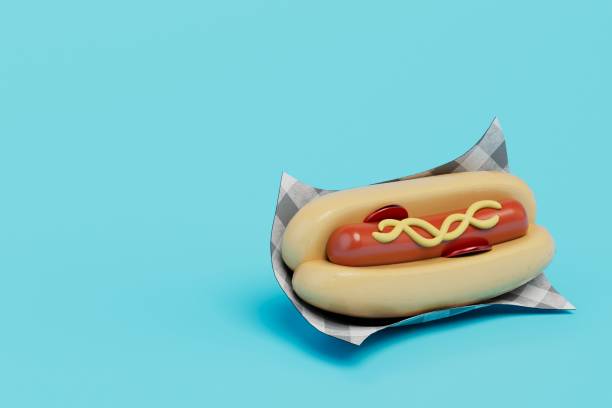 istock love for fast food. big hot dog on a blue background. copy paste, copy space. 3d render 1429127030