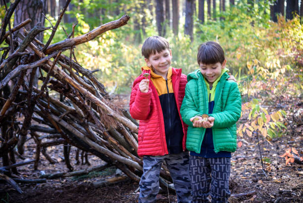istock Two sibling brothers boys in the spring or autumn pine forest pl 1429127136