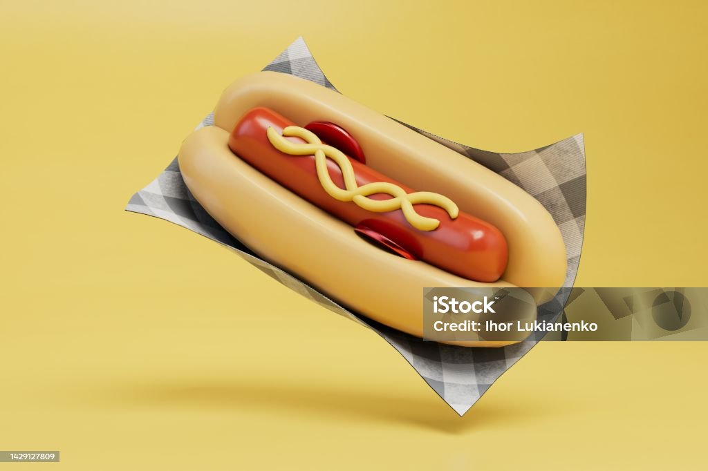 fast food snack concept. big photo dog on a yellow background. 3d render fast food snack concept. big photo dog on a yellow background. 3d render. Barbecue - Meal Stock Photo