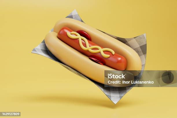 Fast Food Snack Concept Big Photo Dog On A Yellow Background 3d Render Stock Photo - Download Image Now