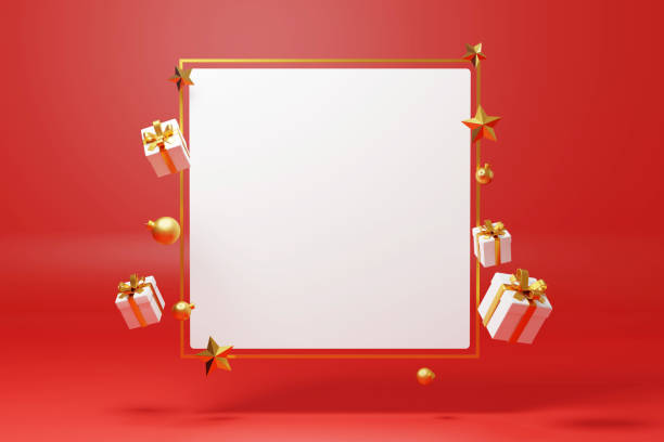 istock 3D rendering Golden frame floating with Christmas decoration element with copy space. Merry Christmas gift Christmas ball, Pine tree and star with blank space 3D mockup. Minimal style frame on white 1429127903