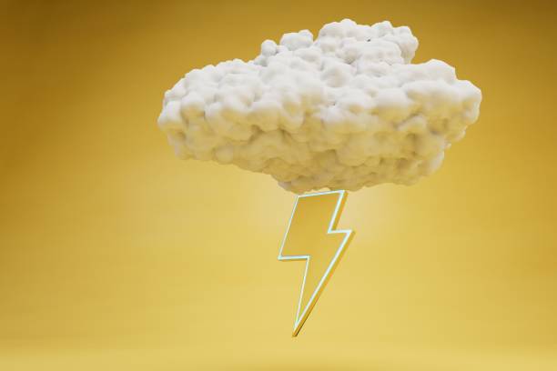 istock Stormy weather. a cloud with lightning on a yellow background. 3D render 1429128283