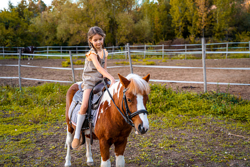 Happy young girl riding her horse outdoors