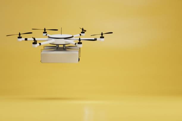 istock new concepts of parcel delivery using drones. drone with parcel flying on a yellow background. copy paste. 3D render 1429129549
