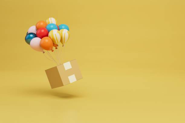 istock the concept of alternative parcel delivery. parcel flying on multi-colored balloons. copy paste, copy space. 3D render 1429129578