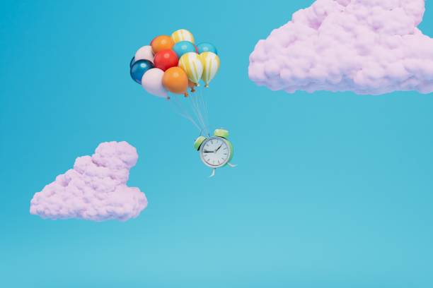 istock a buddler flying among the clouds on multi-colored balloons on a blue background. 3D render 1429129583