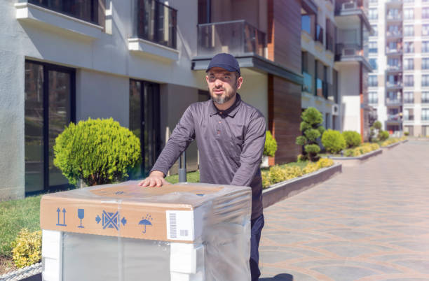 Household Appliances Delivering Delivery Person, Cargo Container, Hand Truck, Delivering, Door mover delivery person box hand truck stock pictures, royalty-free photos & images
