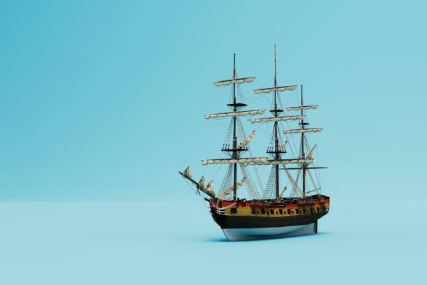 istock a large transport ship with its sails deflated on a blue background. copy paste, copy space. 3D render 1429130904