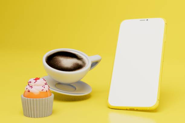 il concetto di spuntini al lavoro. smartphone, tazza di caffè e torta su sfondo giallo. rendering 3d - muffin blueberry muffin blueberry isolated foto e immagini stock