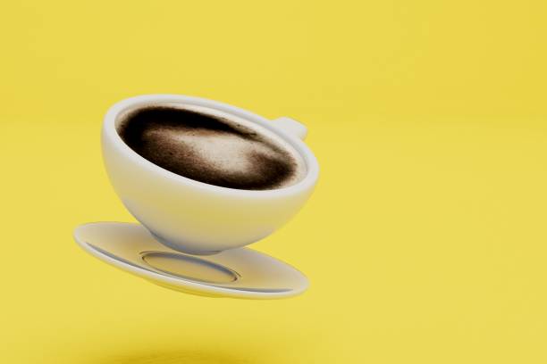 istock time for coffee. a cup of coffee on a saucer on a yellow background. copy paste, copy space. 3D render 1429131163