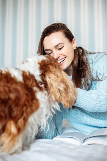 joven mujer bonita de 25 años pasando la mañana en el dormitorio en la cama con libro y perro, amistad, dueño de un animal - 20 25 years adult bed bedroom fotografías e imágenes de stock