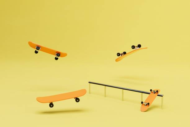 istock active lifestyle. skate on a skateboarding rail around which skateboards on a yellow background. 3D render 1429131277