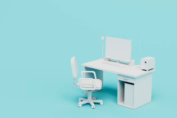 istock the concept of workplace arrangement. a table, a chair, a white computer on a blue background. copy paste. 3D render 1429131308