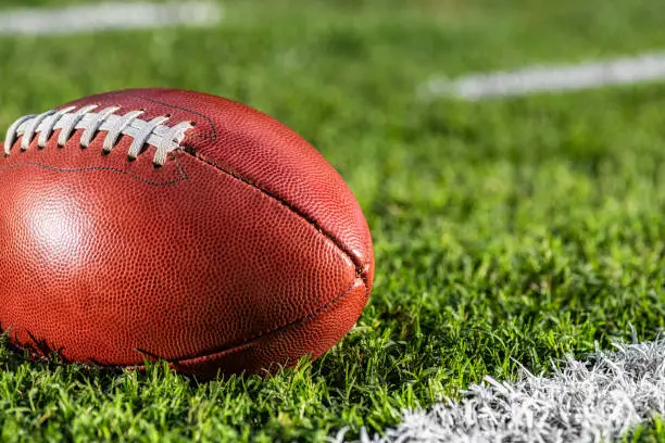 A low angle close-up view of a leather American Football sitting in the grass next to a white yard line with hash marks in the background.