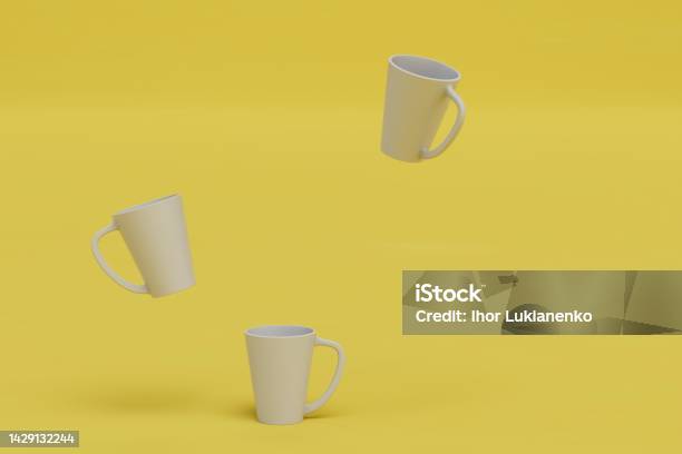 Cups For Coffee Or Tea Flying On A Yellow Background Copy Paste Copy ...