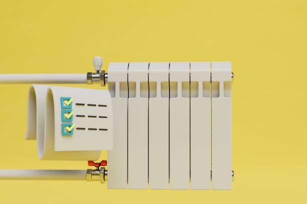istock heating bill. Score and batteries on a yellow background. 3D render 1429132909