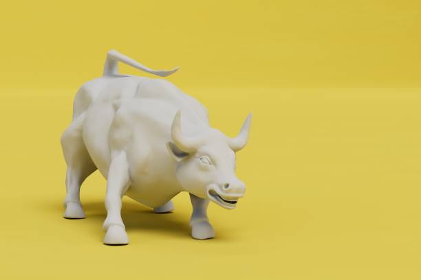 istock the figure of the attacking bull is white on a yellow background. copy paste, copy space. 3D render 1429133120