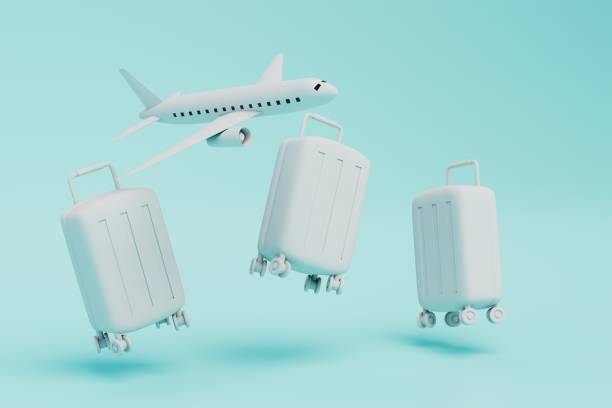 istock travel by plane. plane and suitcases with luggage on a blue background. 3D render 1429133535