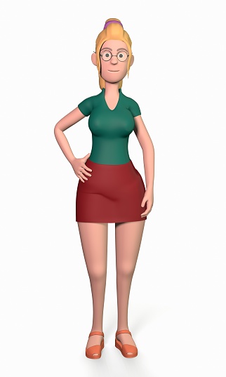 A light-skinned girl in glasses, a red skirt, a green shirt and yellow boots stands relaxed against a white background 3d-rendering.