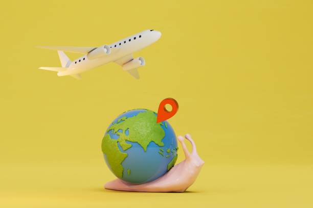 istock long journey by plane. a snail carrying a planet with a jps point and a flying plane on a yellow background. 3D render 1429134189